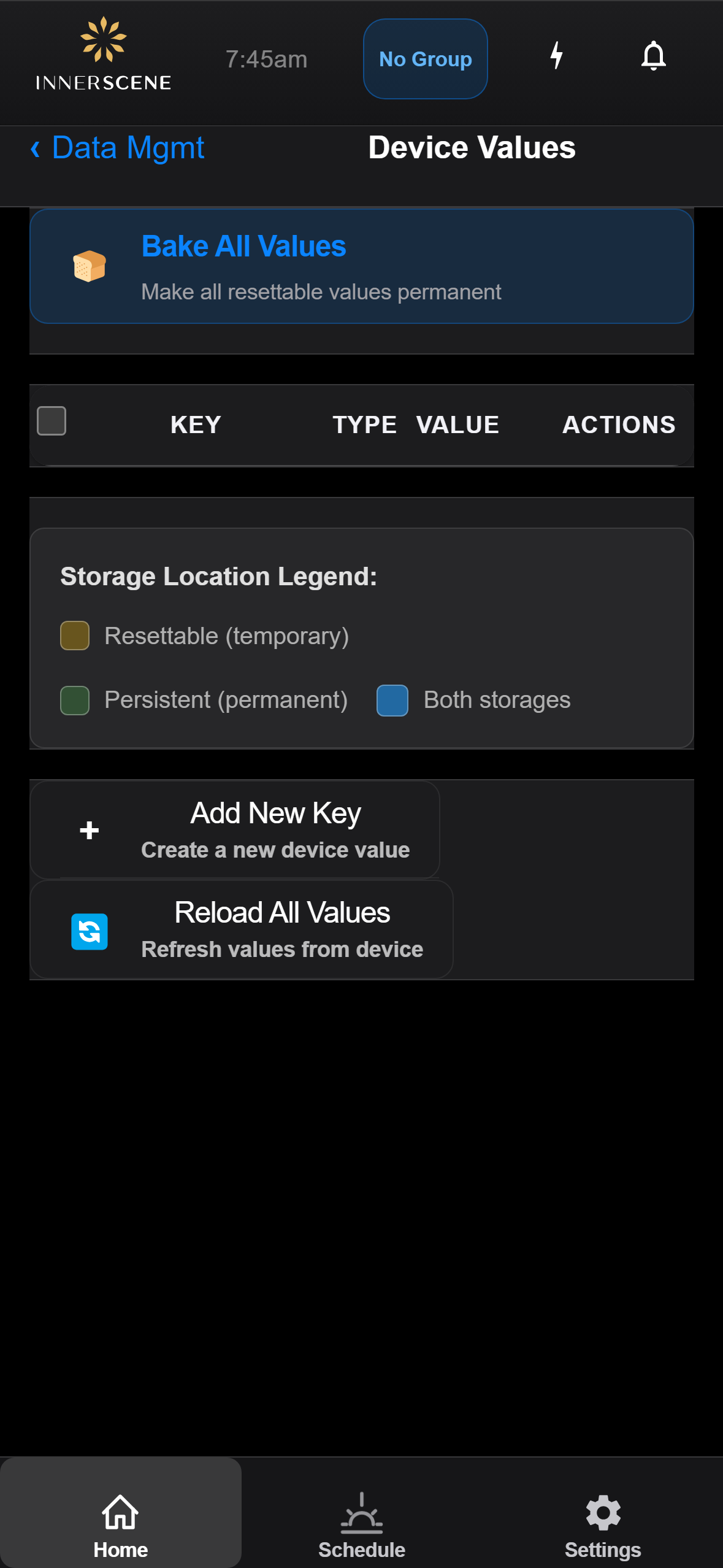 Device Values screen of the Circadian Sky controller interface