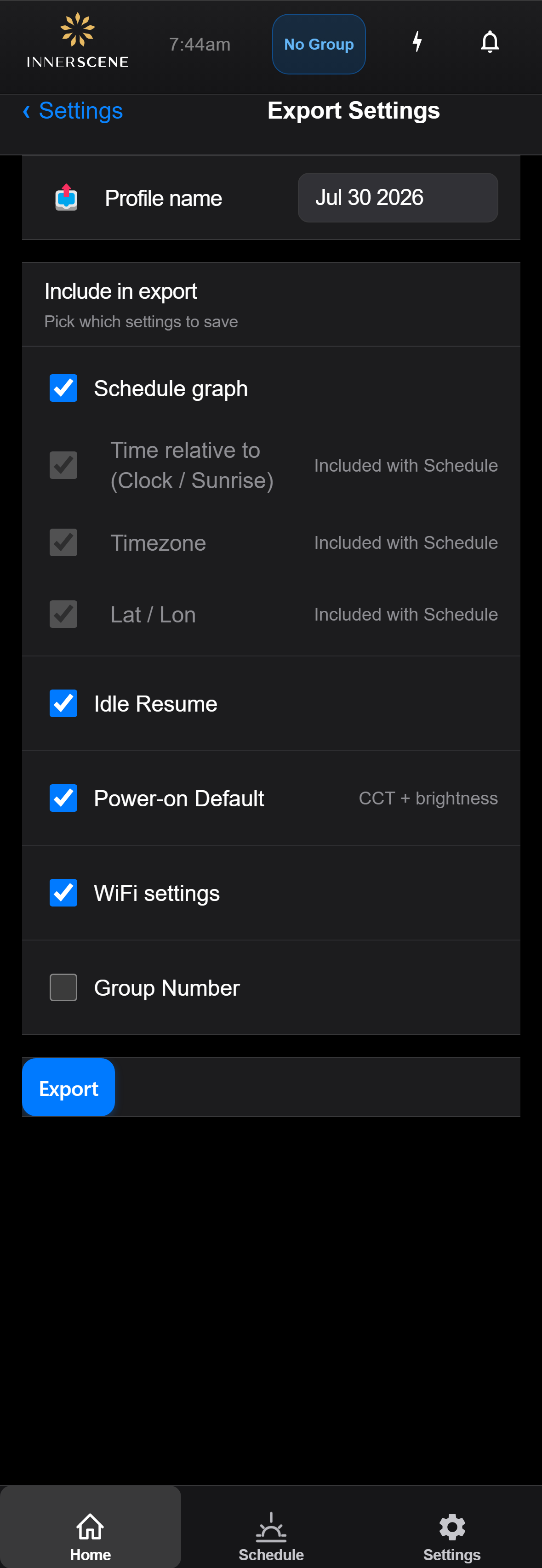 Export Settings screen of the Circadian Sky controller interface
