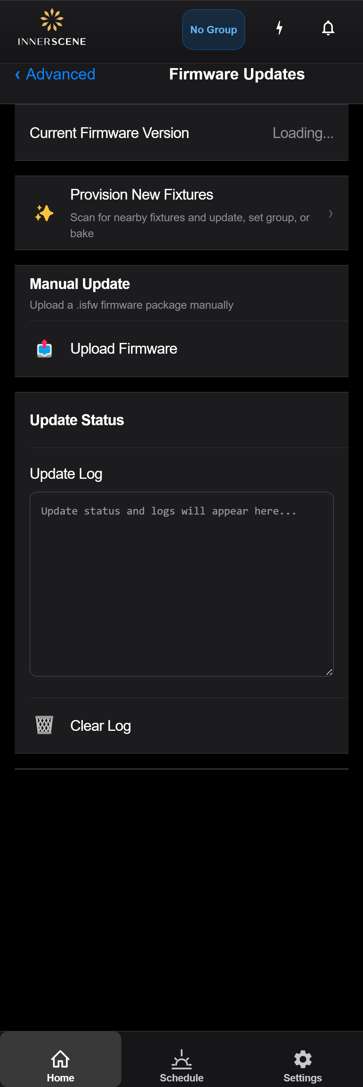 Firmware Updates screen of the Circadian Sky controller interface