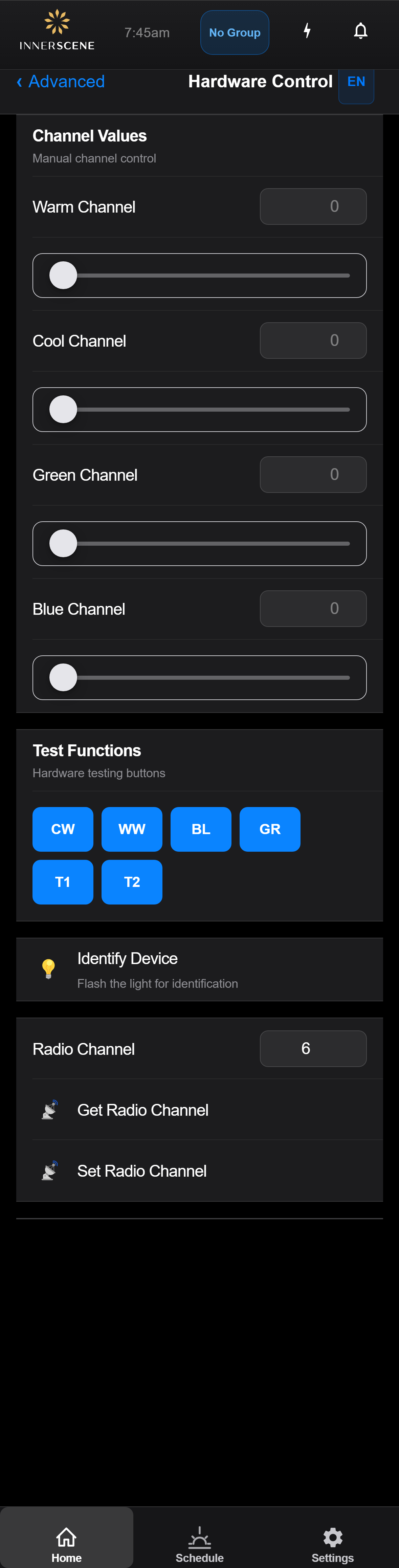 Hardware Control & Testing screen of the Circadian Sky controller interface