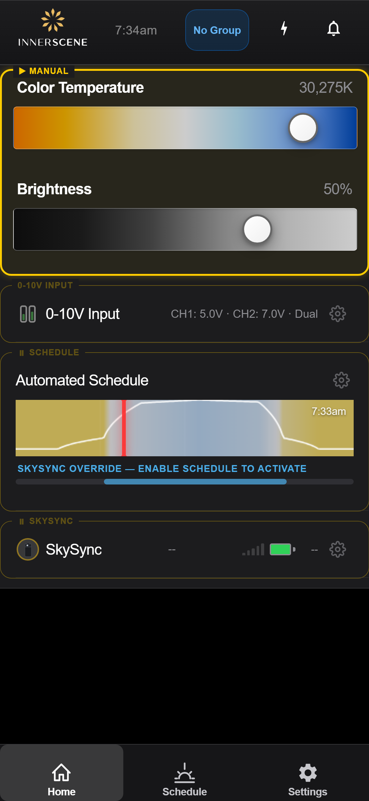 Home — SkySync Detected screen of the Circadian Sky controller interface