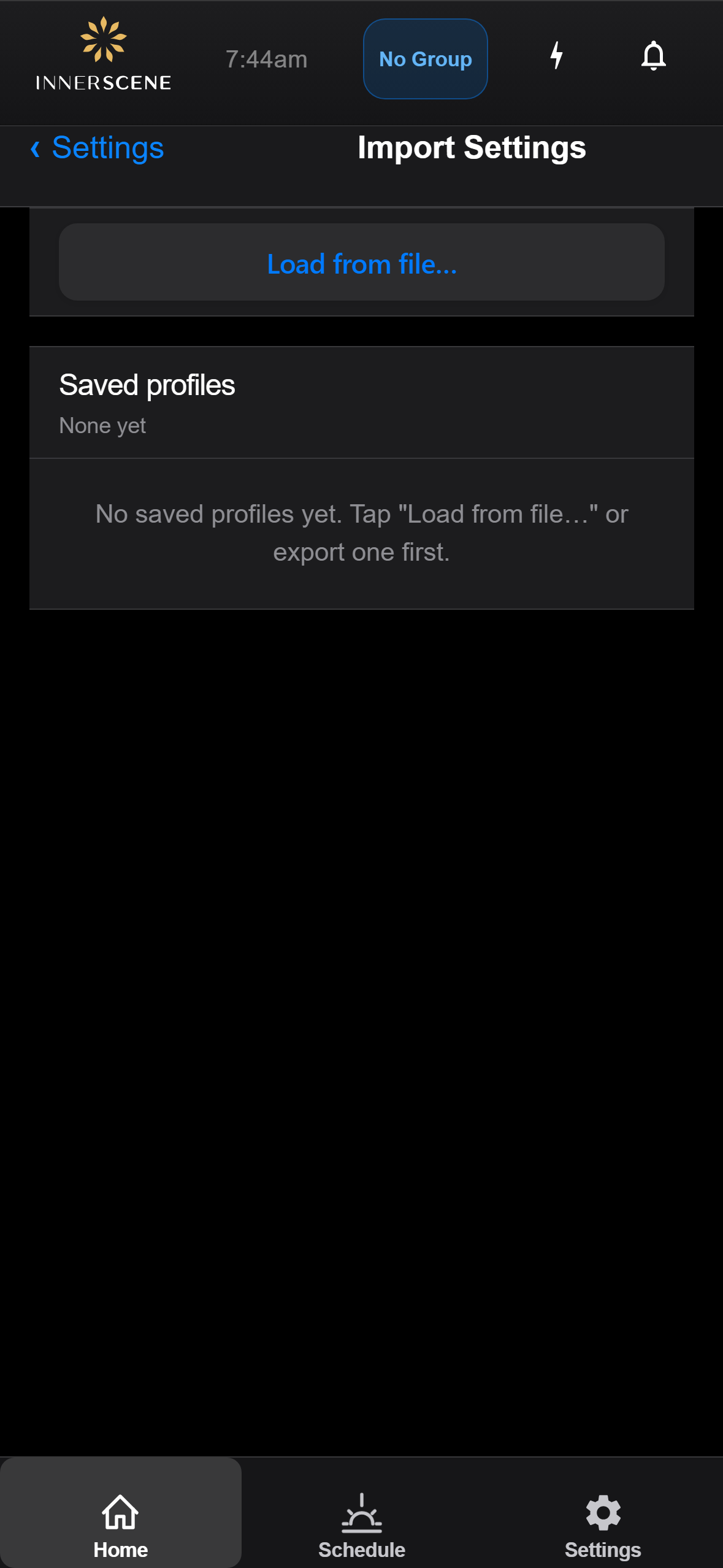 Import Settings screen of the Circadian Sky controller interface