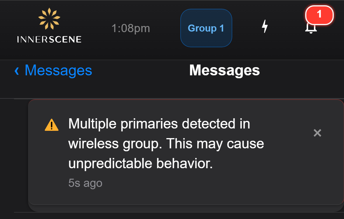 Messages screen showing the error Multiple primaries detected in wireless group, this may cause unpredictable behavior, with a red notification badge on the bell icon