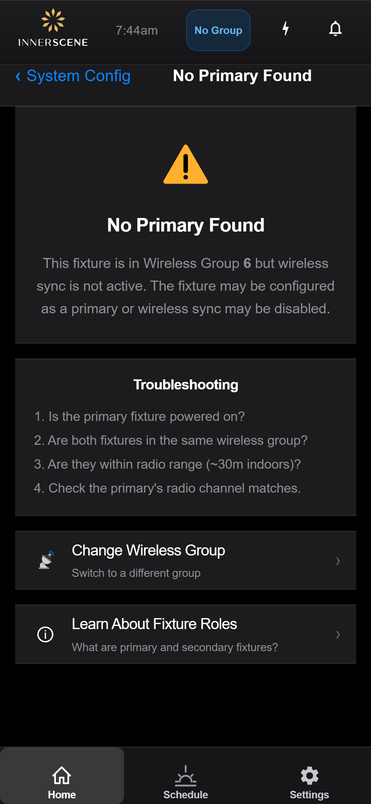 No Primary Found screen of the Circadian Sky controller interface