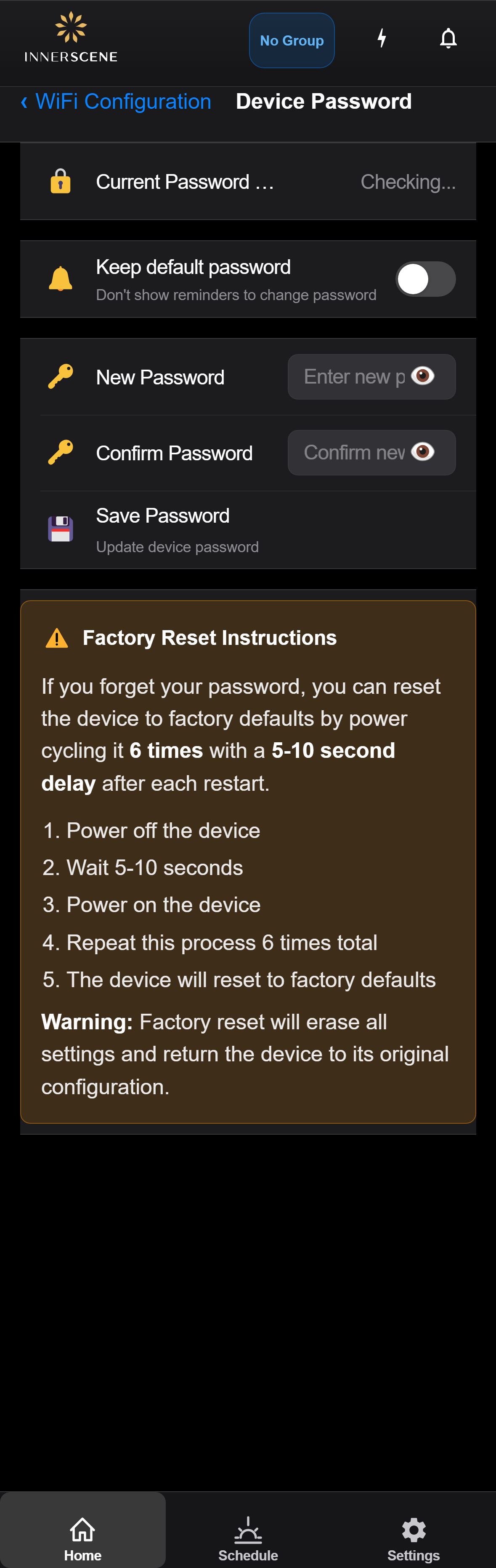 Device Password screen of the Circadian Sky controller interface