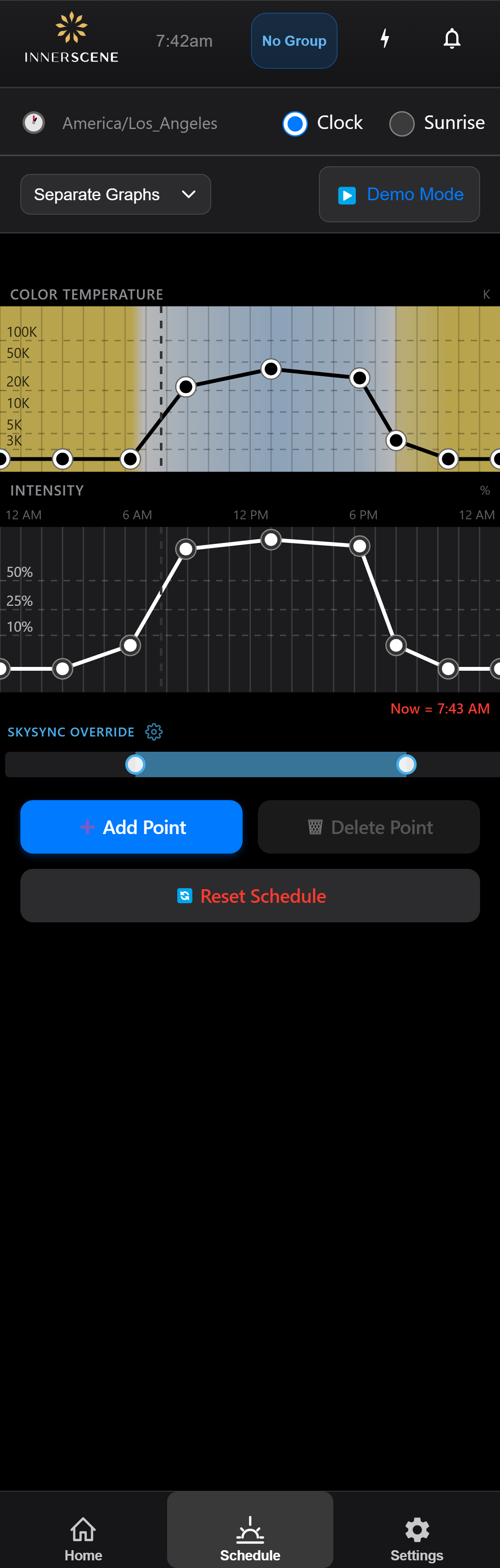 Schedule screen of the Circadian Sky controller interface