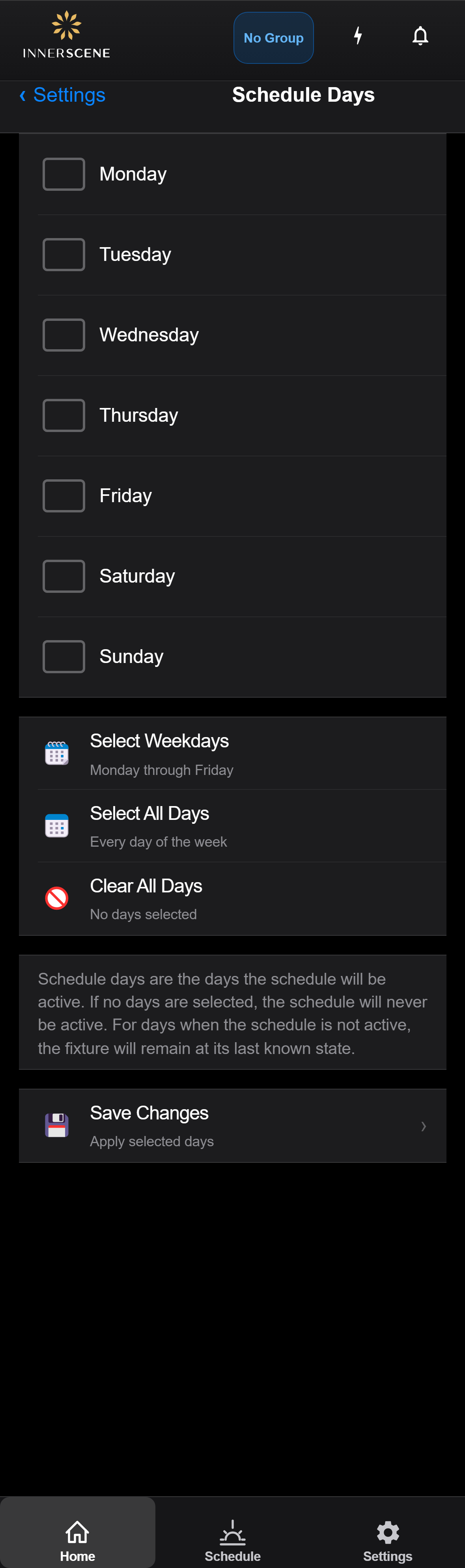 Schedule Days screen of the Circadian Sky controller interface