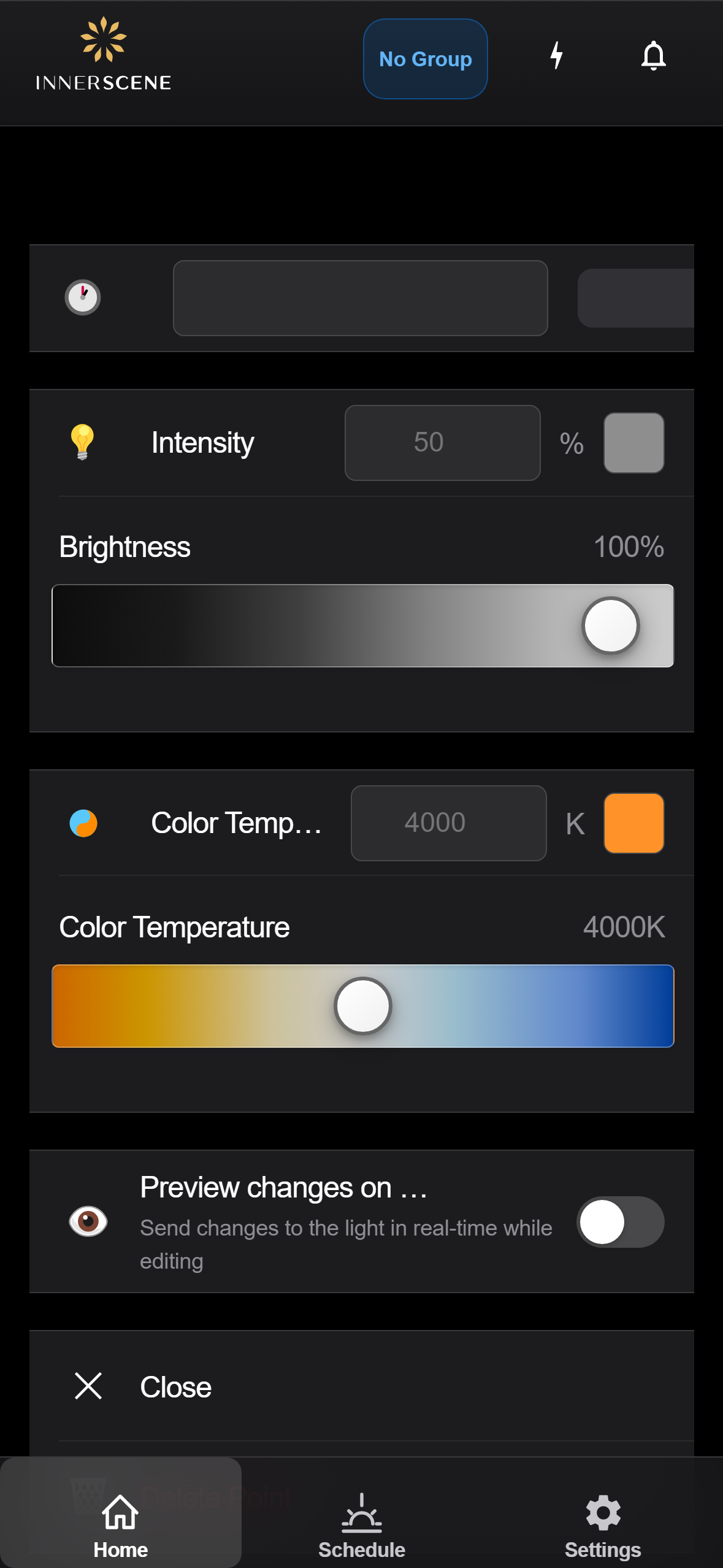 Edit Schedule Point screen of the Circadian Sky controller interface