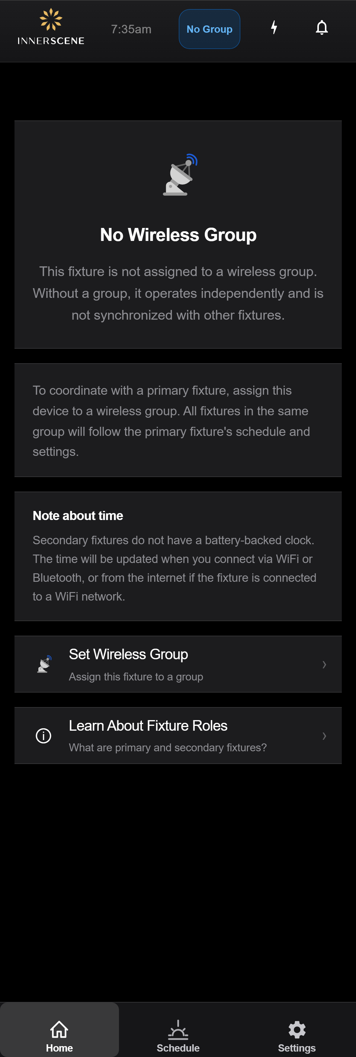 Secondary — No Wireless Group screen of the Circadian Sky controller interface