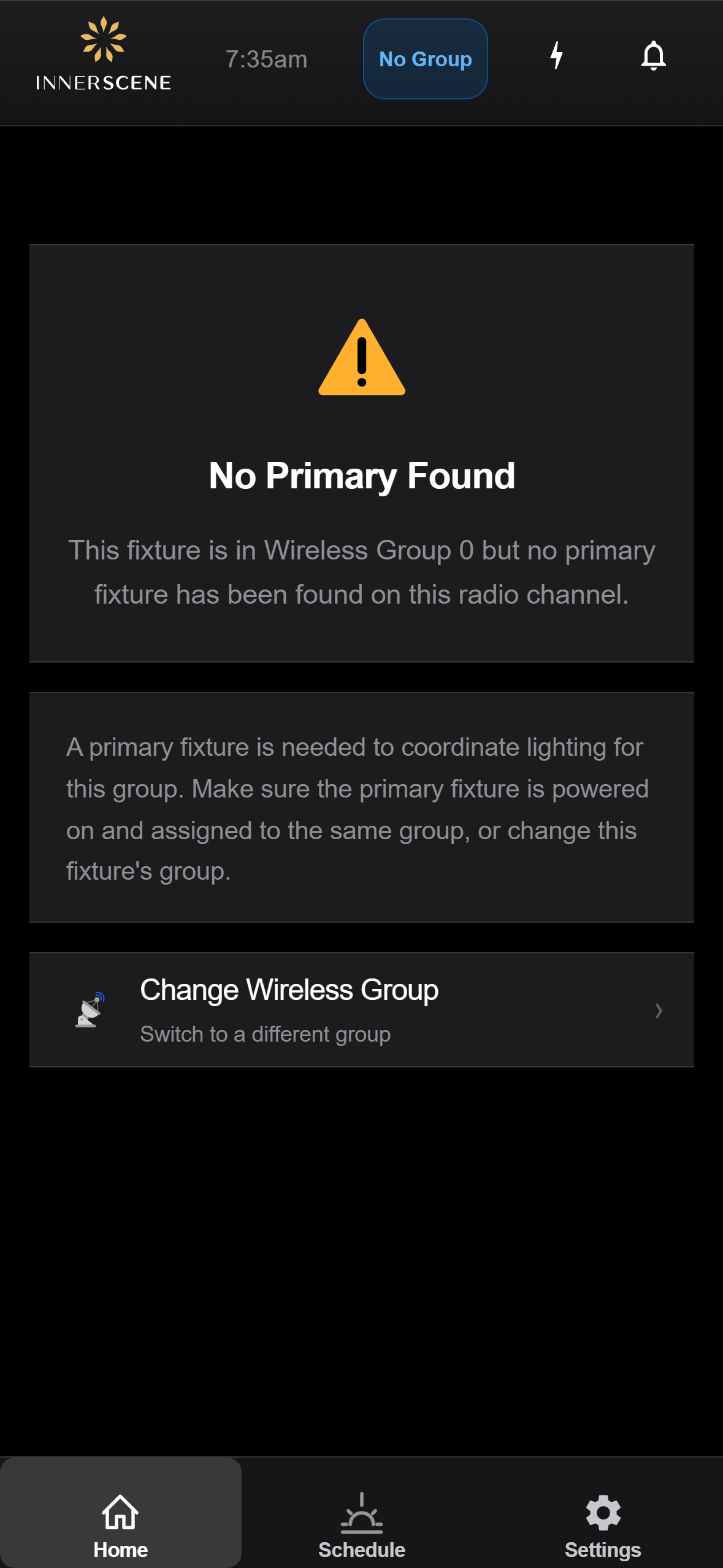 Secondary — No Primary Found screen of the Circadian Sky controller interface