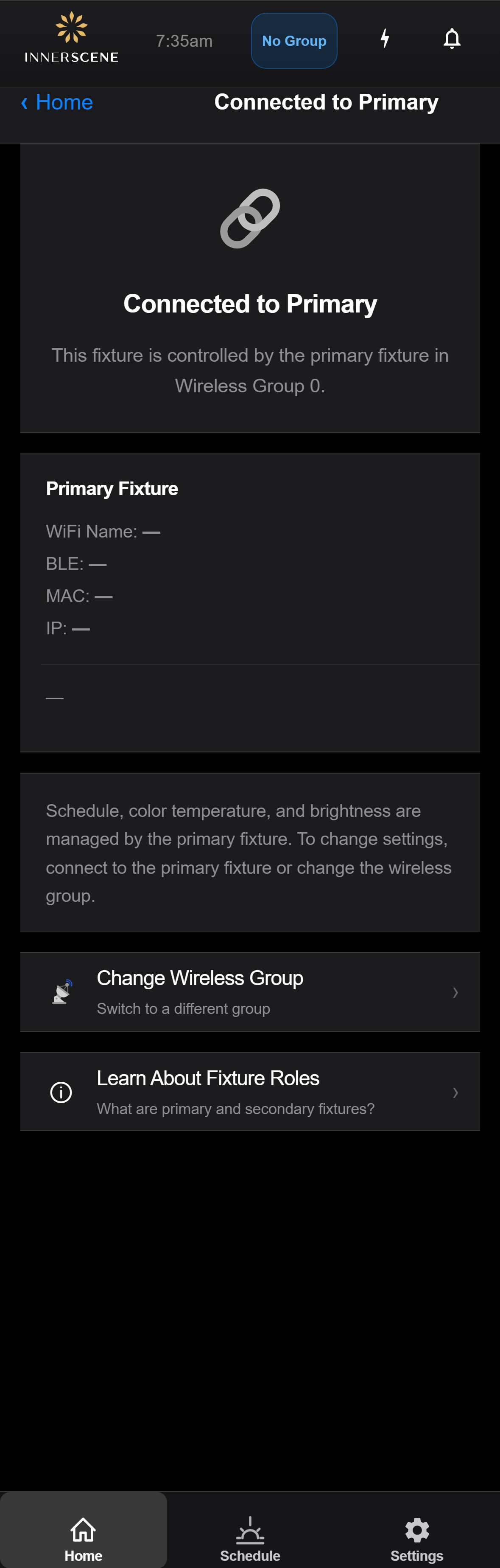 Secondary — Connected to Primary screen of the Circadian Sky controller interface