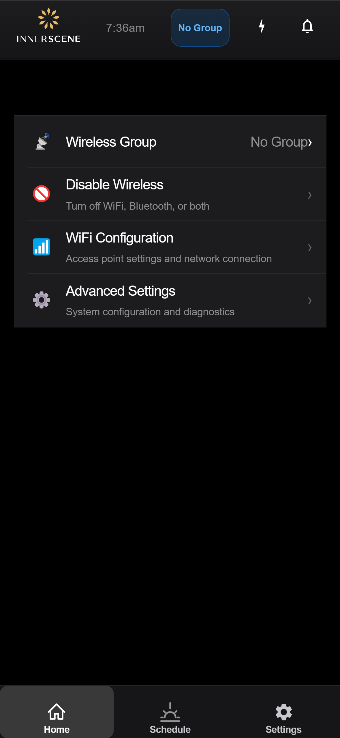 Secondary Settings screen of the Circadian Sky controller interface