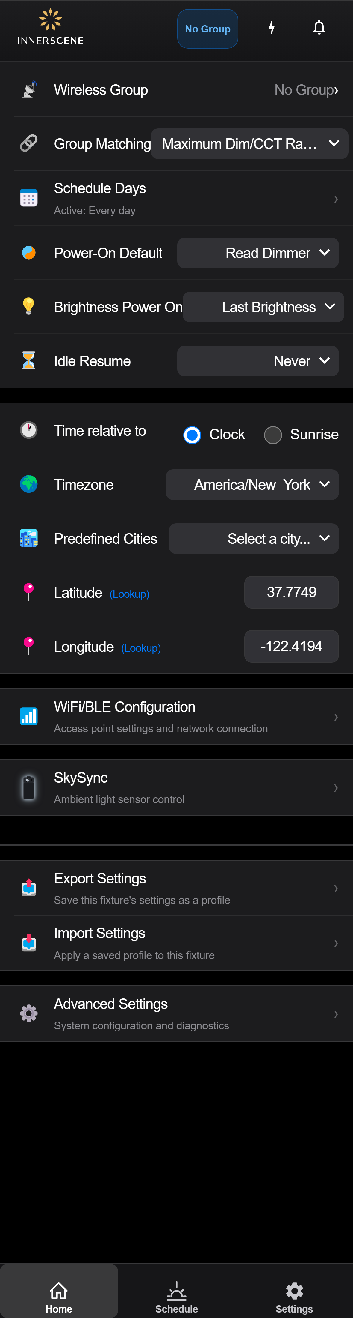 Settings screen of the Circadian Sky controller interface