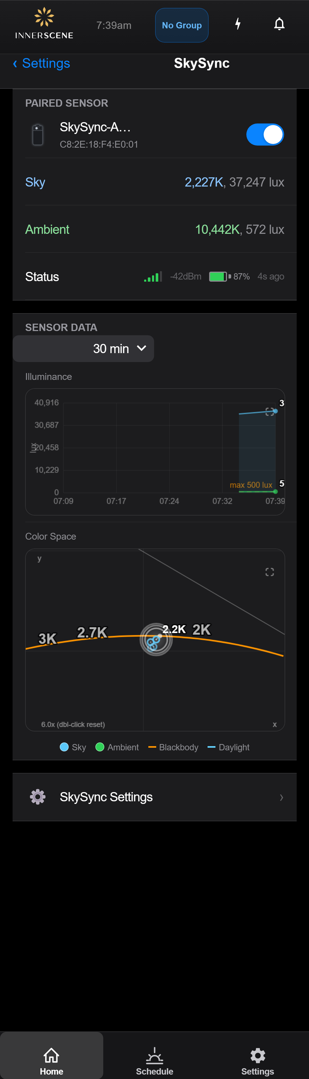 SkySync screen of the Circadian Sky controller interface
