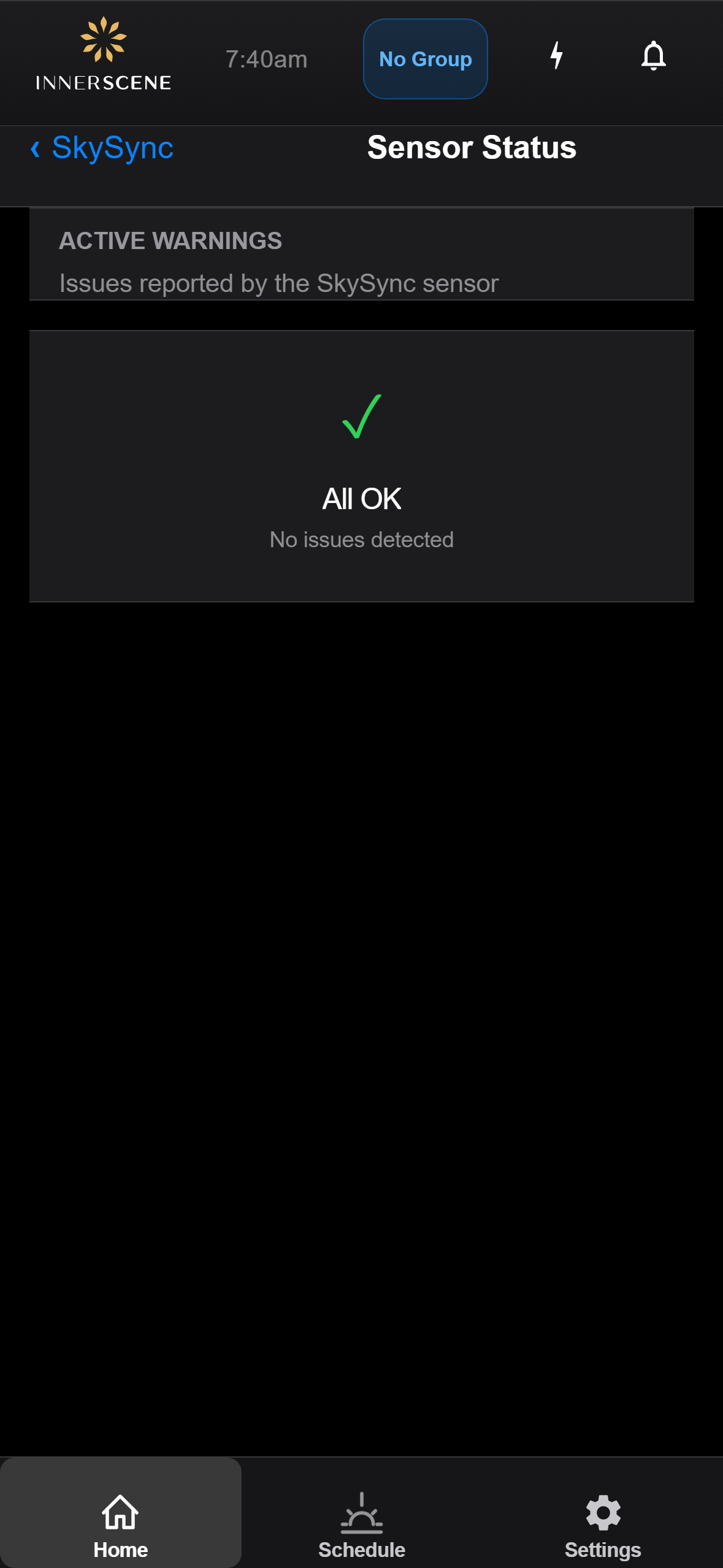 SkySync Sensor Status screen of the Circadian Sky controller interface
