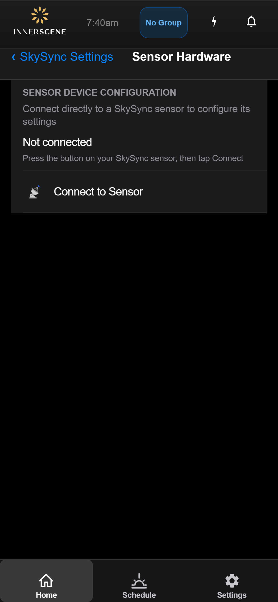 Sensor Hardware screen of the Circadian Sky controller interface