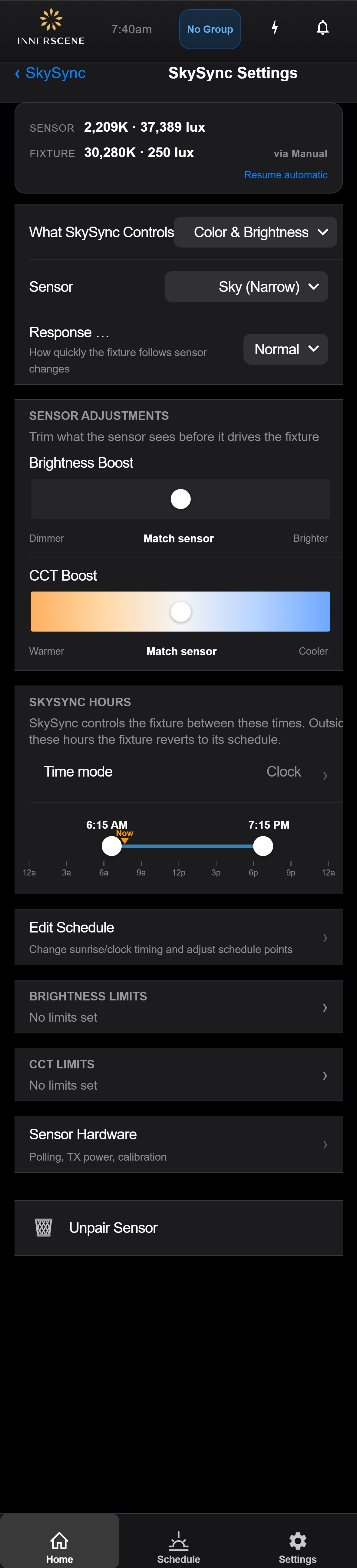 SkySync Settings screen of the Circadian Sky controller interface