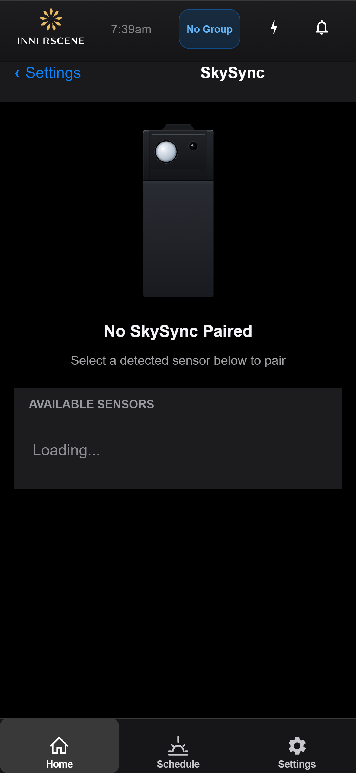 SkySync — Unpaired screen of the Circadian Sky controller interface