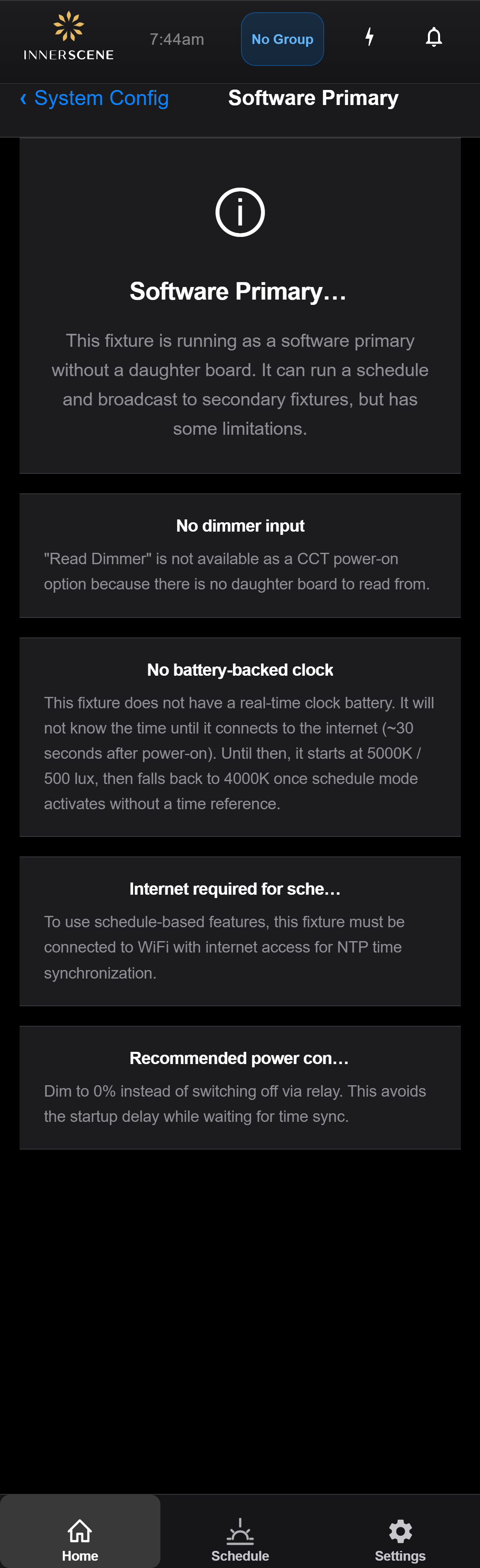 Software Primary screen of the Circadian Sky controller interface