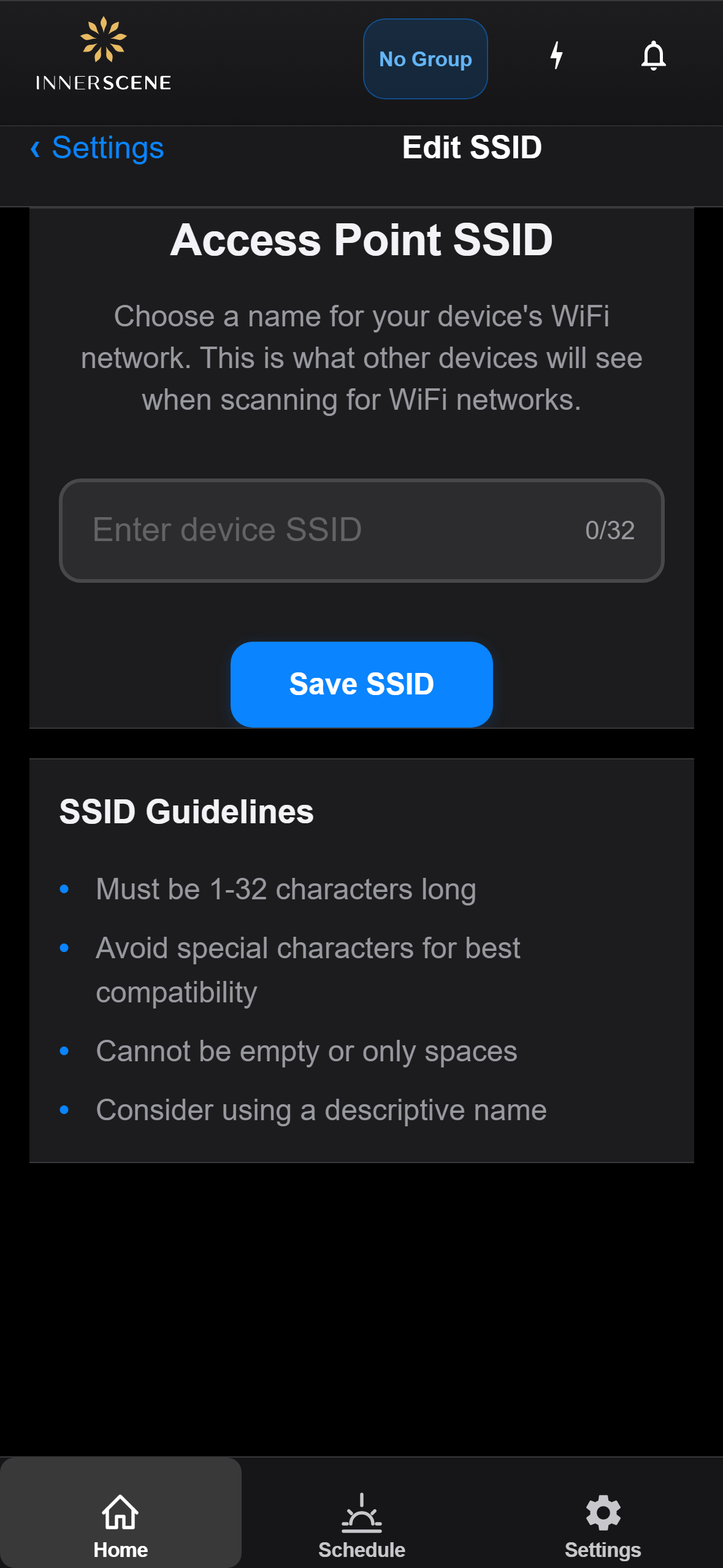 SSID Editor screen of the Circadian Sky controller interface