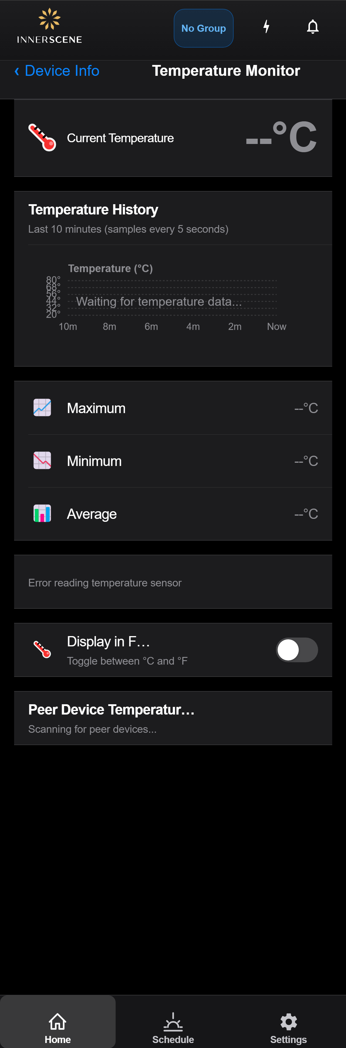 Temperature Monitor screen of the Circadian Sky controller interface