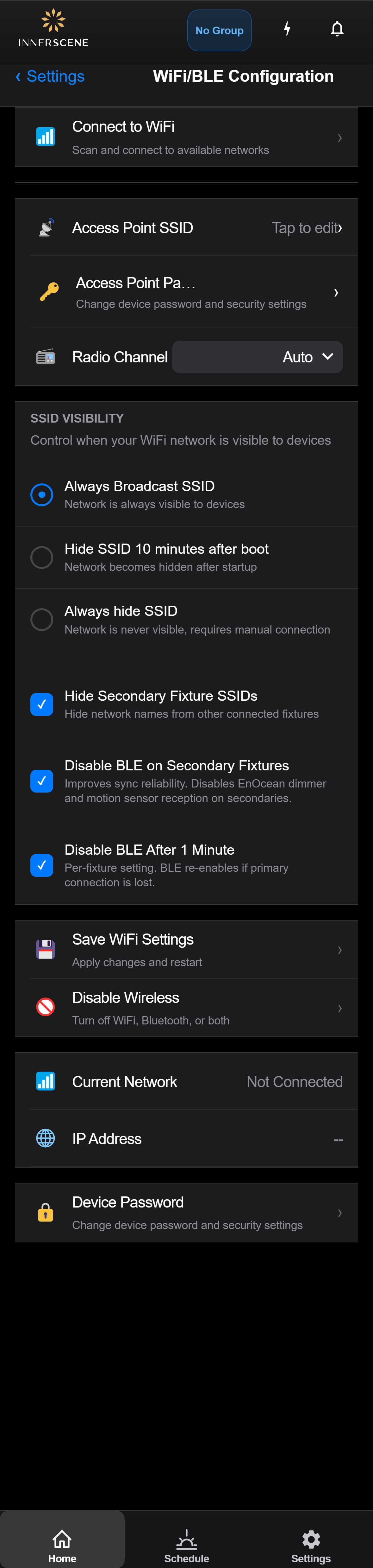 WiFi Configuration screen of the Circadian Sky controller interface