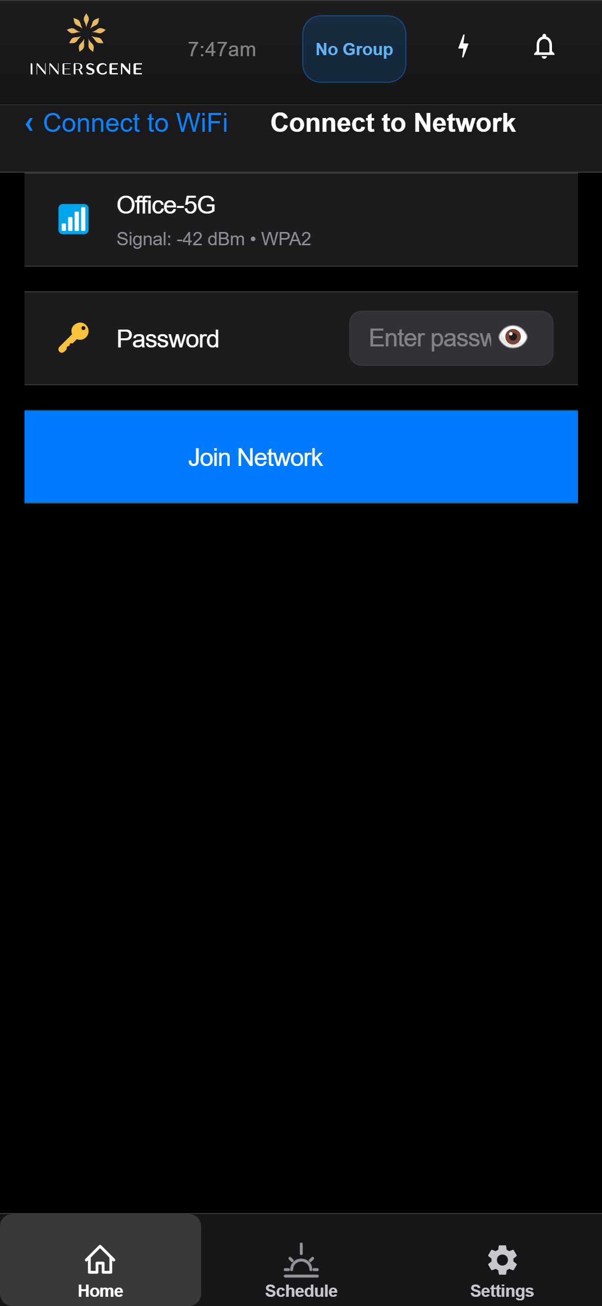 Connect to WiFi Network screen of the Circadian Sky controller interface