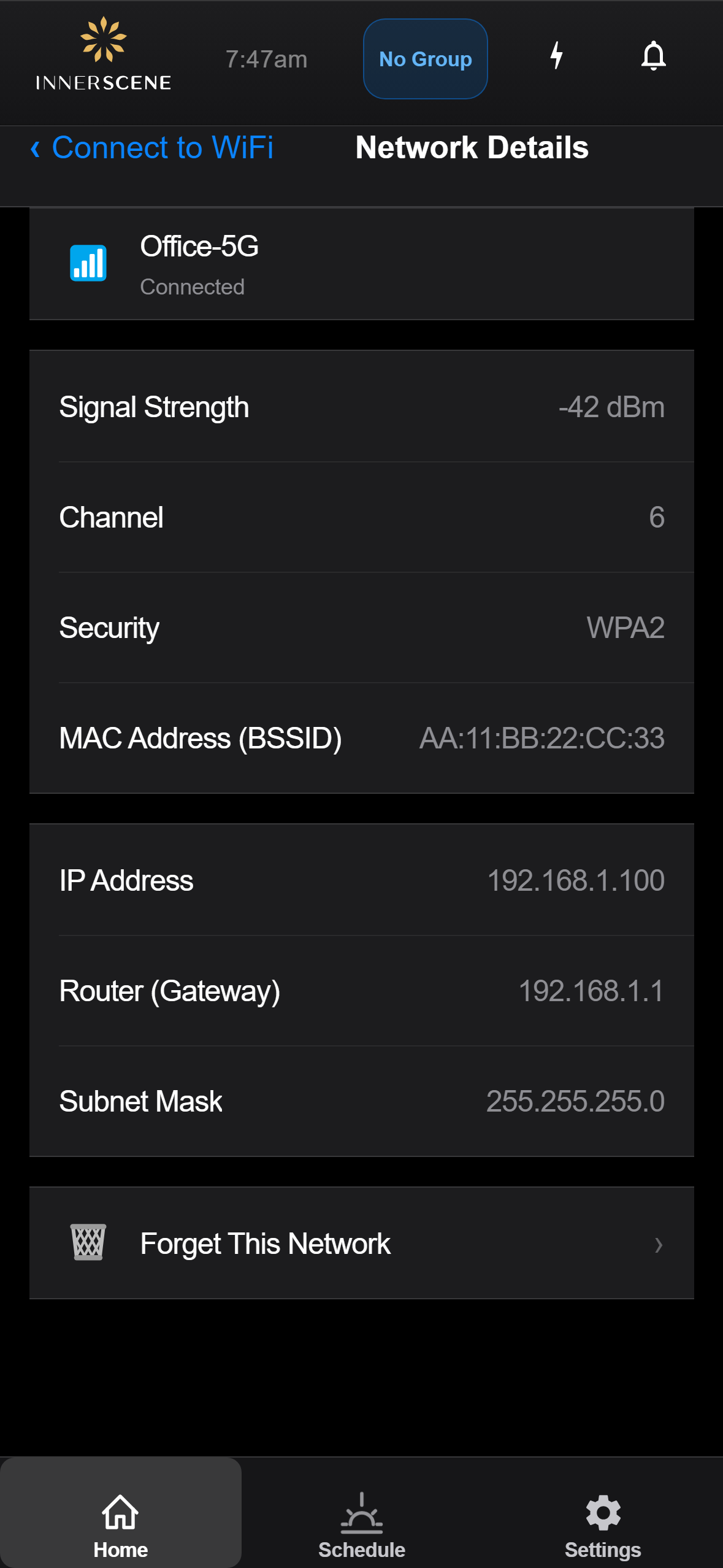 WiFi Network Details screen of the Circadian Sky controller interface