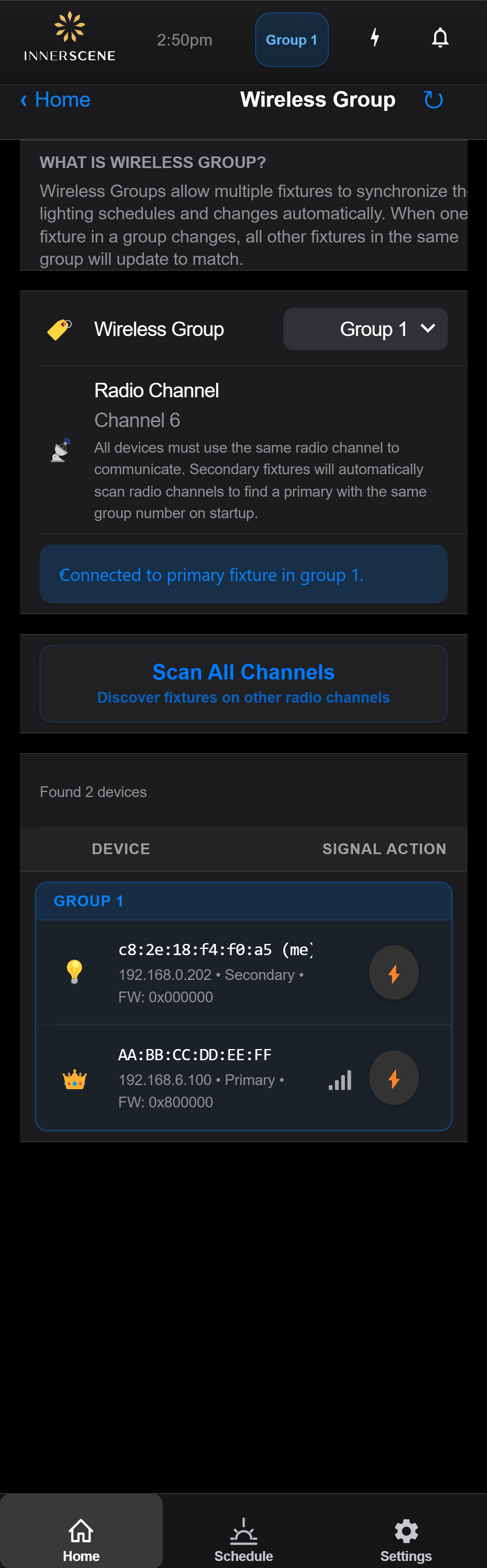 Wireless Group screen of the Circadian Sky controller interface