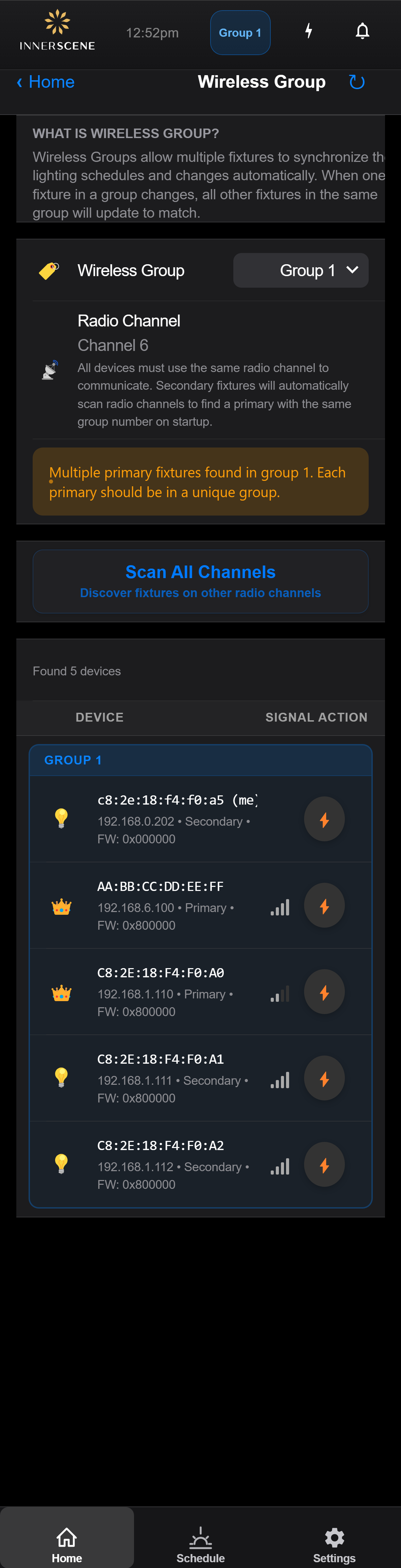 Wireless Group screen with the warning Multiple primary fixtures found in group 1, each primary should be in a unique group, above a peer list showing two fixtures marked with crowns
