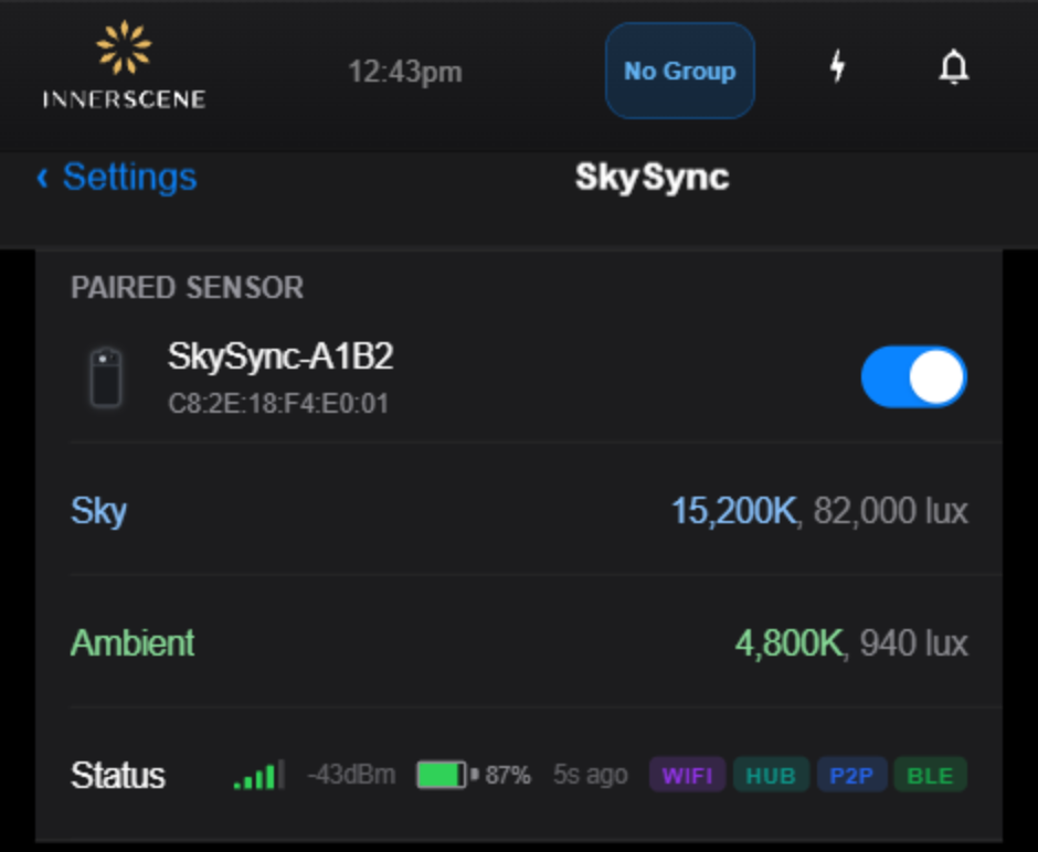 SkySync Settings page showing reception badges